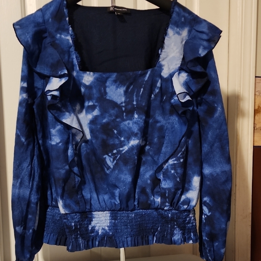 INC International Concepts Ruffled Smocked Blue and White Blouse
